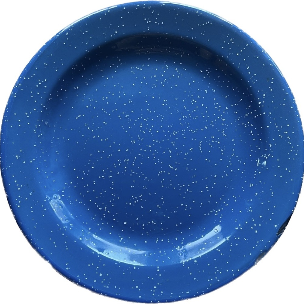 Graniteware Enamel Camping Boat Dinner Plates Blue & White Speckled - Lot of 2